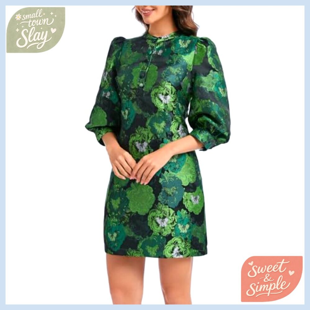 Floral Jacquard Shift Dress Long Puff Sleeve Button Up Cocktail Mini - Picture 2 of 7